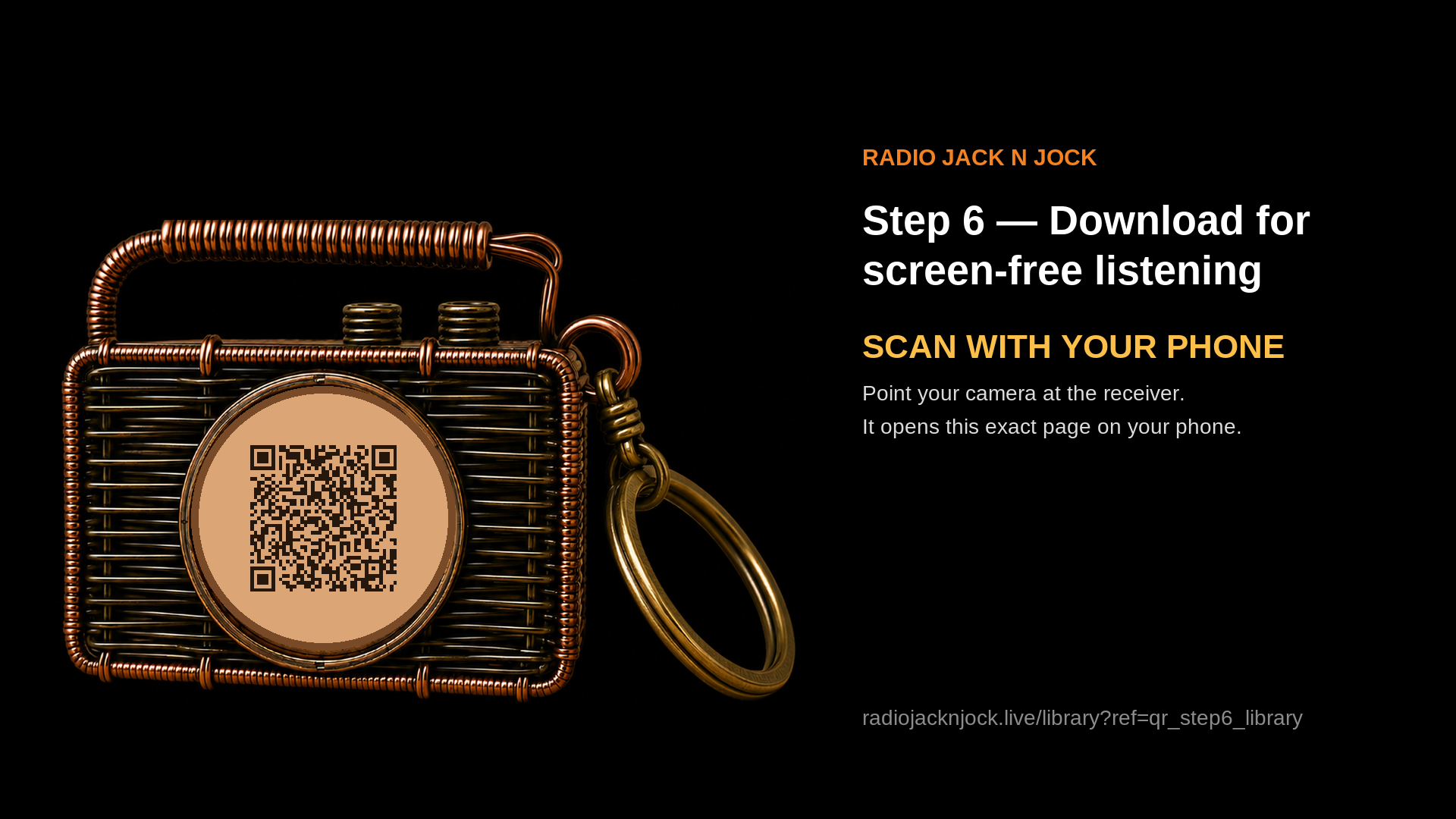 Download for screen-free listening — scan this code with your phone